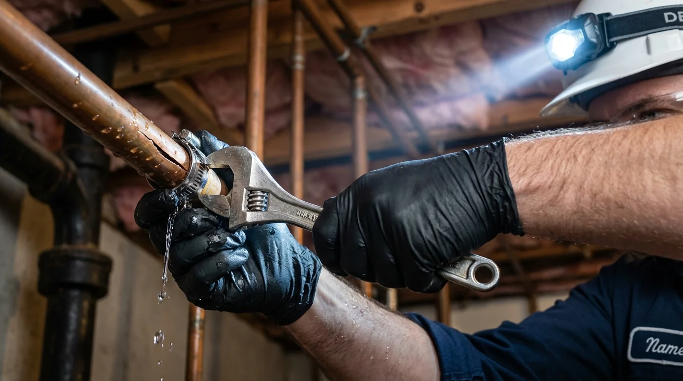 Emergency pipe clamp repair being performed by a Johns Plumbing LLC plumber in Pulaski