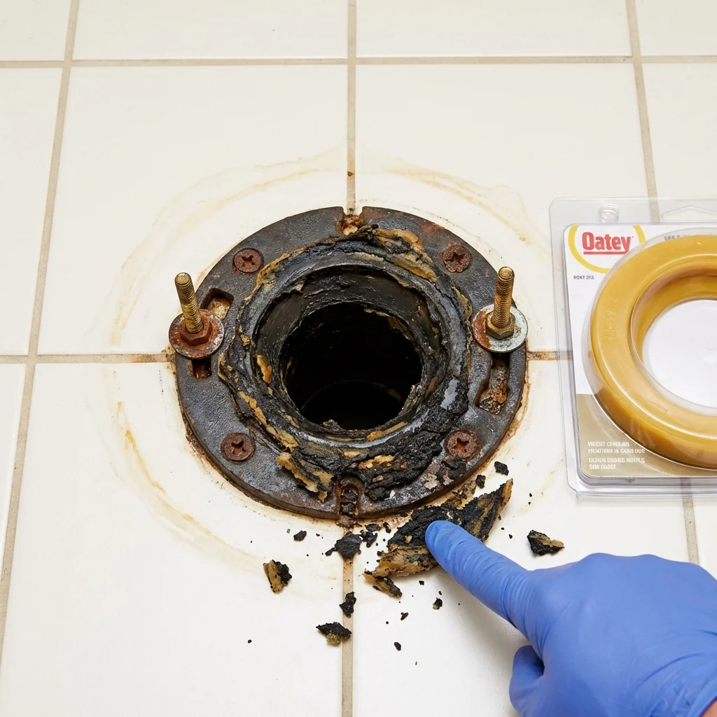 Failed wax ring showing water seepage at the base of a toilet in a Pulaski, NY home