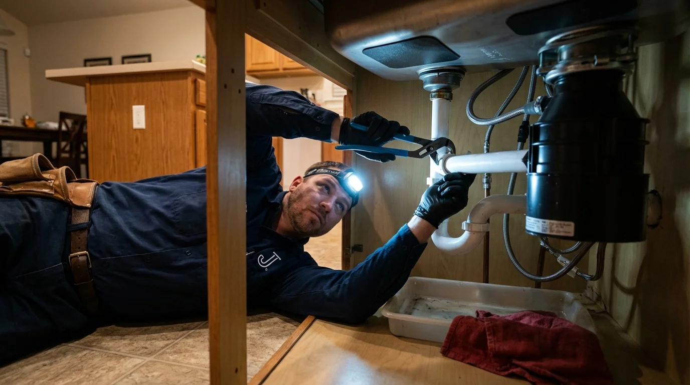 P-trap and supply line connections under a kitchen sink showing a common leak point in Pulaski, NY